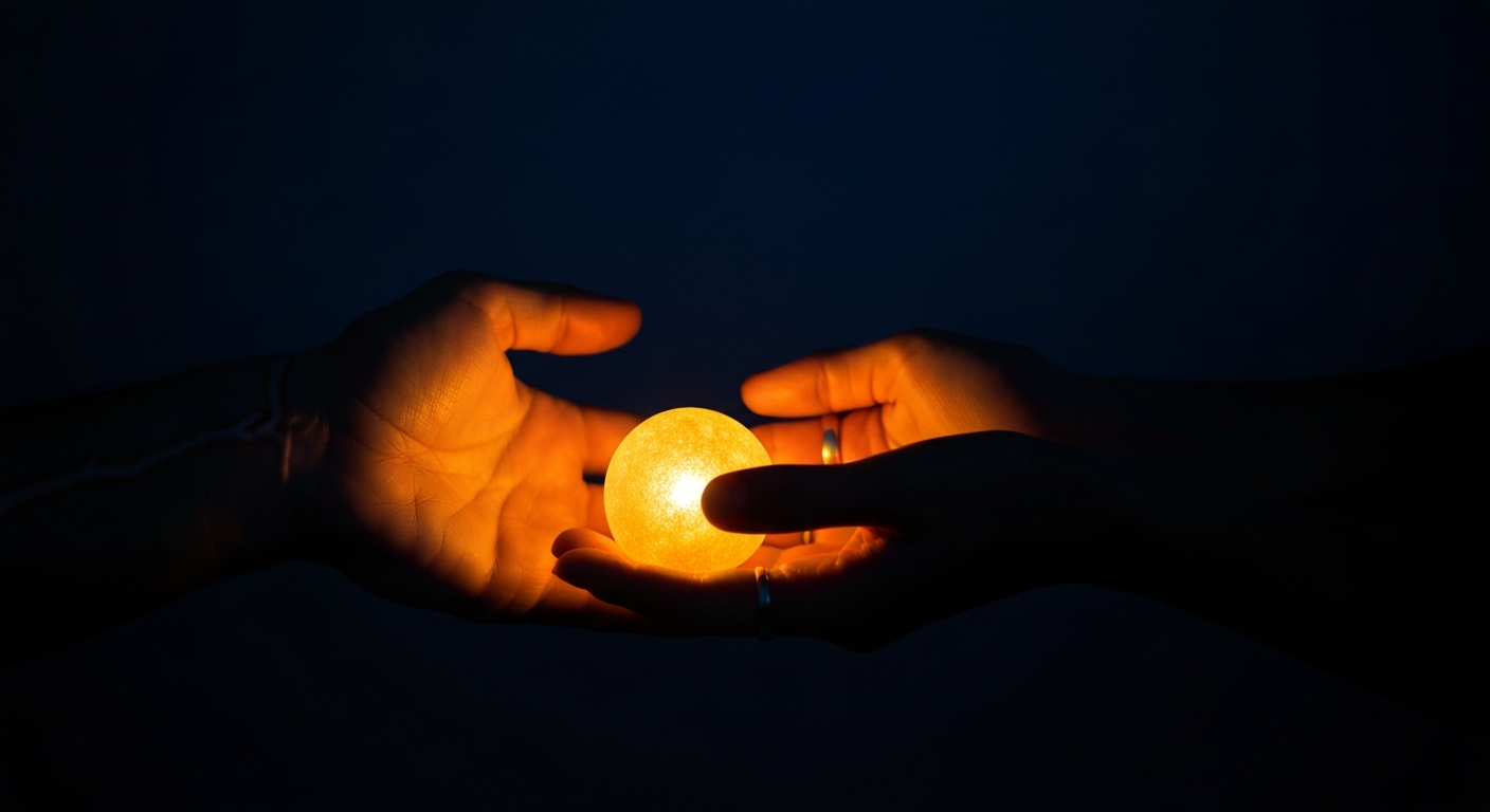 Hands gently cupping a small glowing light in darkness symbolizing compassion