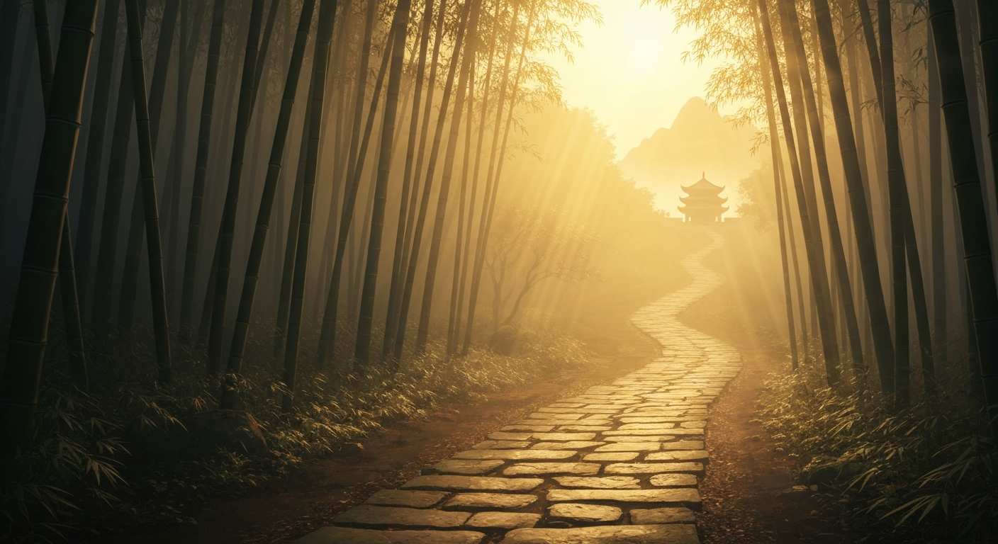 Ancient stone path winding through a misty bamboo forest toward a distant mountain temple