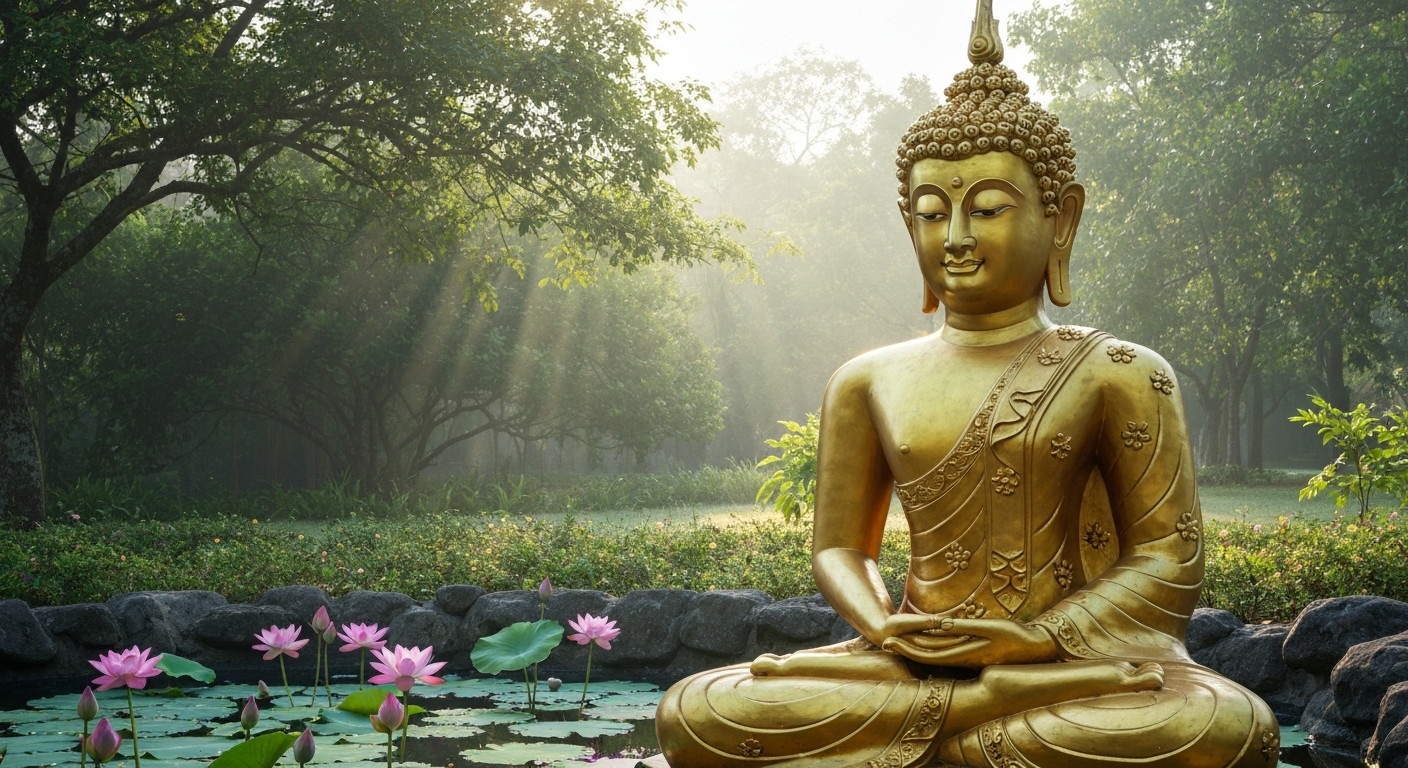 Golden Buddha statue in a lush garden with lotus flowers blooming in a still pond