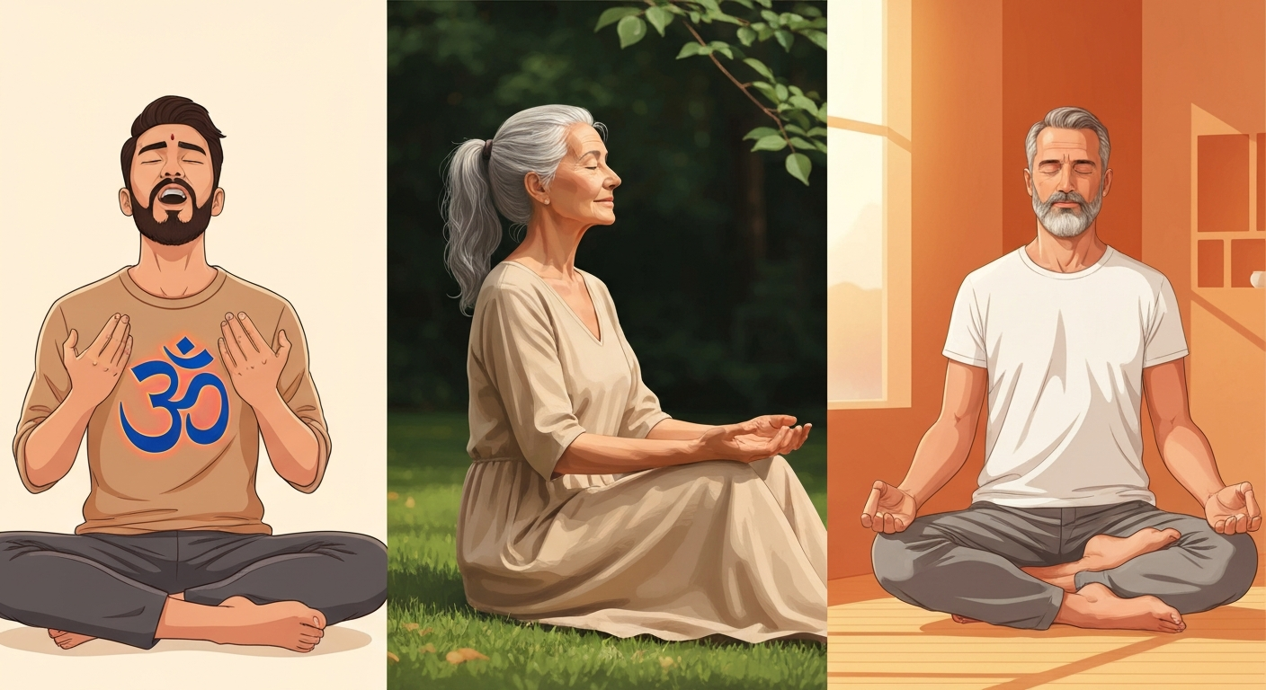 Three different meditation styles illustrated: mantra meditation, mindfulness, and Zen practice