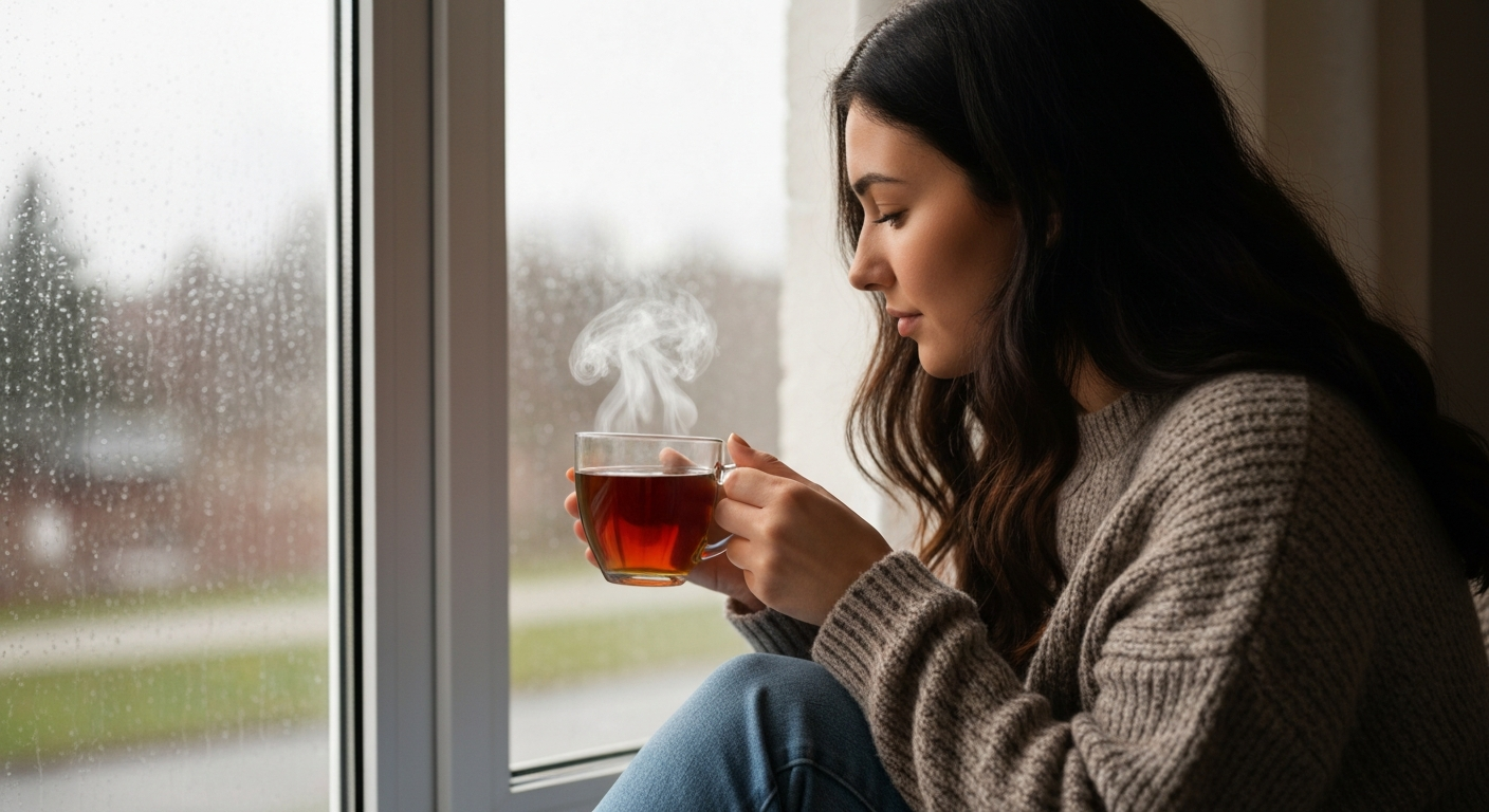 Person practicing informal mindfulness while drinking tea by a window