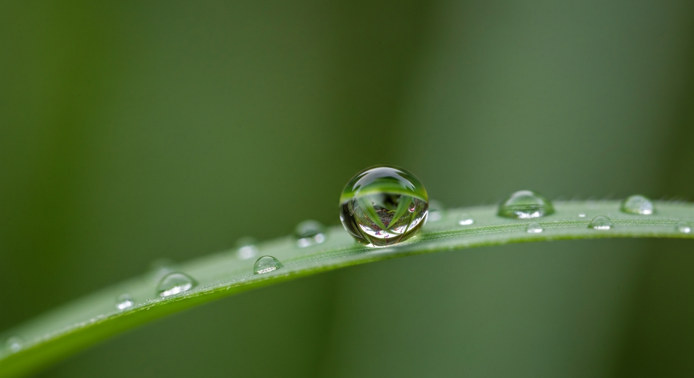 A single dewdrop on a green leaf reflecting the world in miniature, symbolizing present-moment awareness