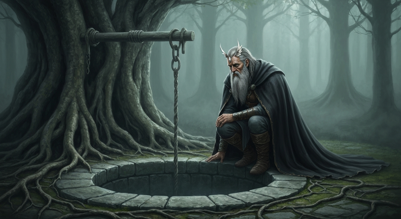 Odin sacrificing his eye at Mimir's well to gain wisdom, surrounded by the roots of Yggdrasil