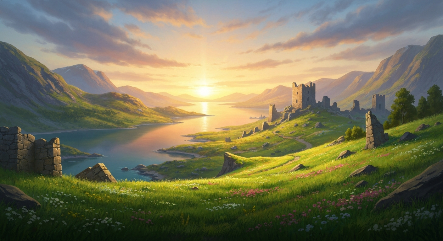 A new world emerging after Ragnarok with green meadows and golden sunrise over Nordic landscape