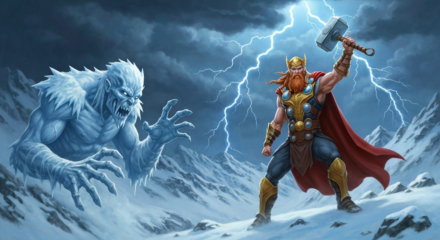 Thor wielding Mjolnir against a frost giant in a dramatic Norse landscape