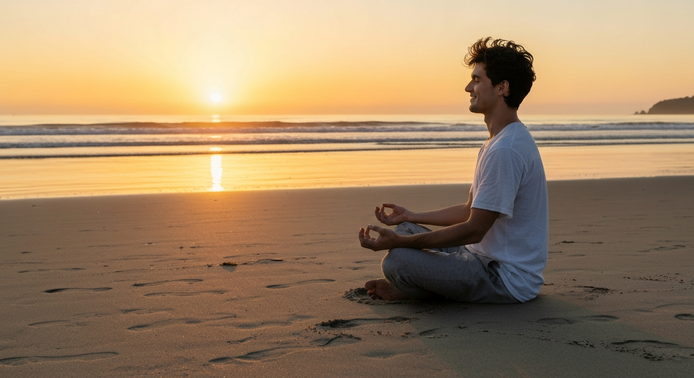 Person meditating on a quiet beach at sunrise facing the ocean
