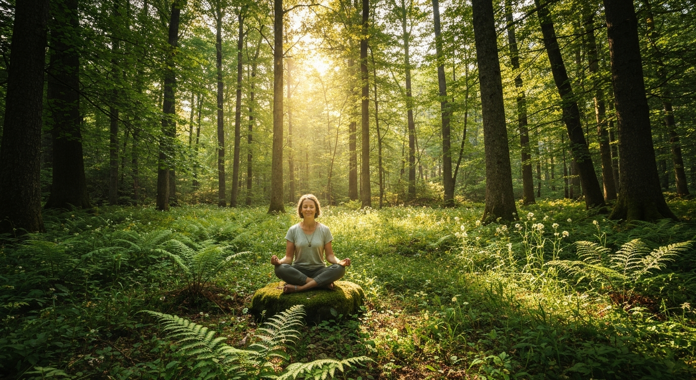 Person sitting in peaceful meditation on a mossy rock in a sunlit forest clearing