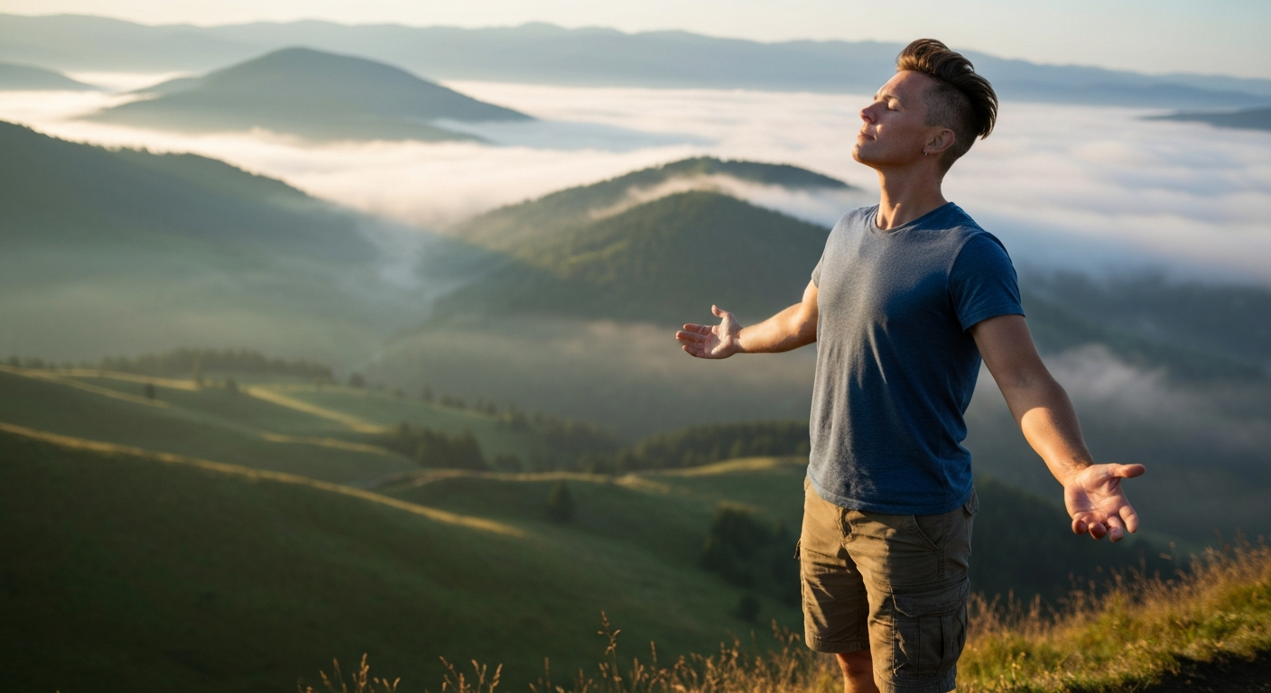 Person standing on a mountain trail with arms open, breathing in fresh mountain air with panoramic valley views
