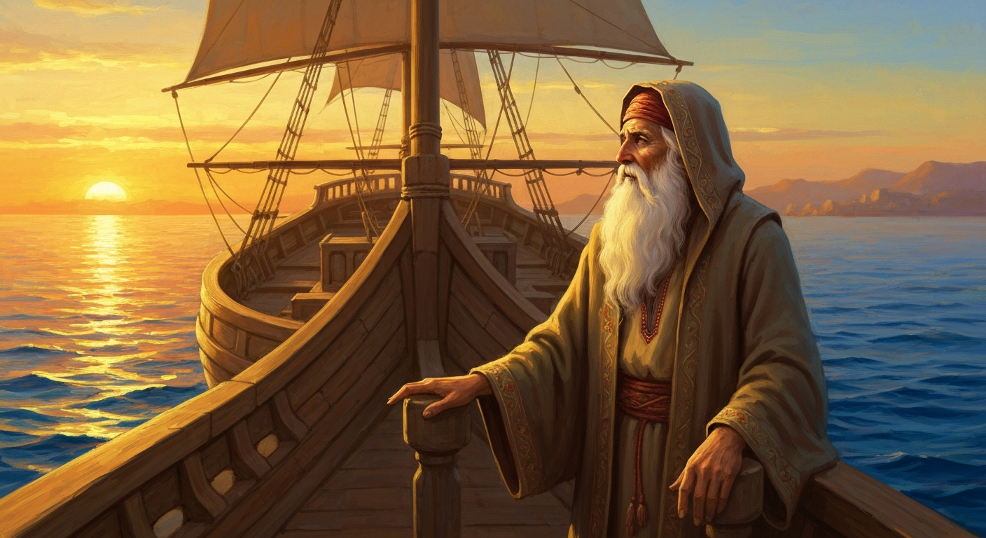 Almustafa standing at the bow of a sailing ship looking toward a distant shore at sunset