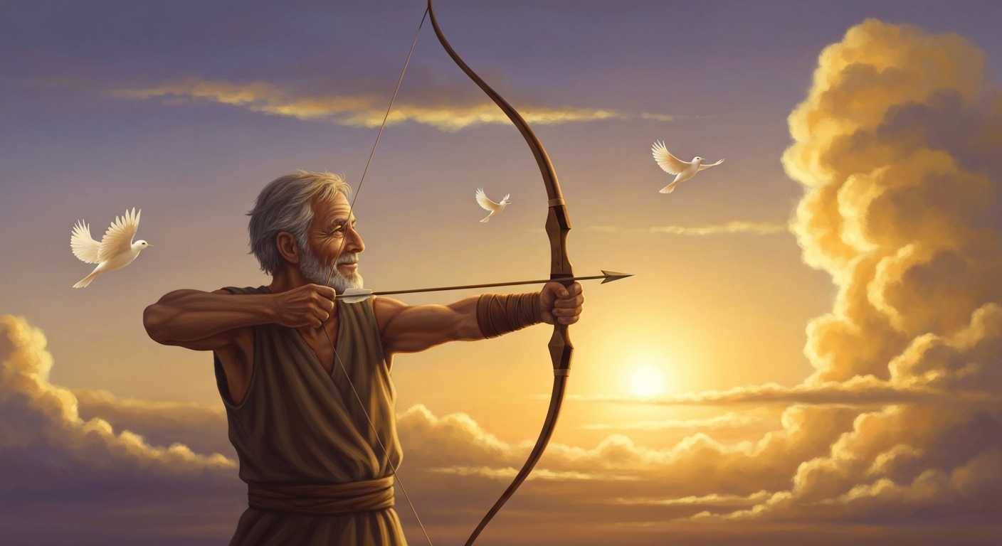 An archer drawing a bow toward the sky at dawn with arrows flying upward like birds into golden clouds