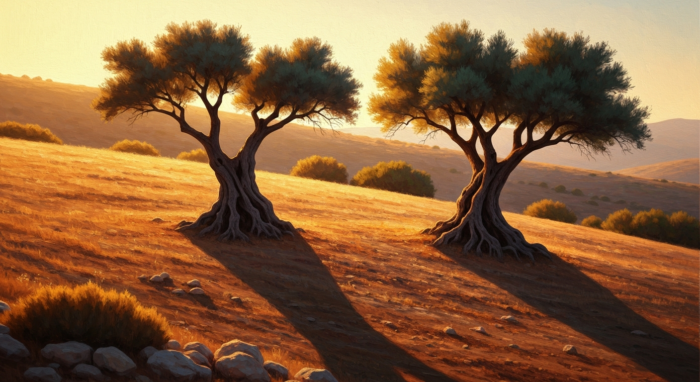 Two olive trees growing side by side on a Mediterranean hillside, reaching toward each other but not intertwining