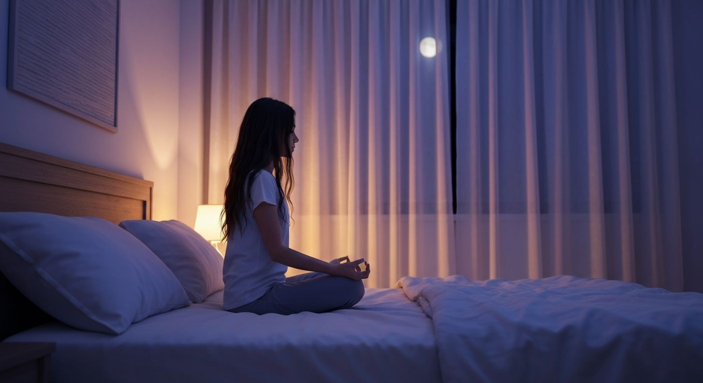 Person meditating peacefully in a moonlit bedroom before sleep