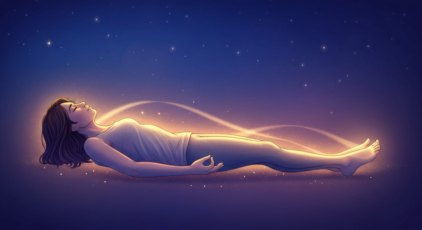 Artistic visualization of a body scan relaxation technique with golden light flowing from head to toes