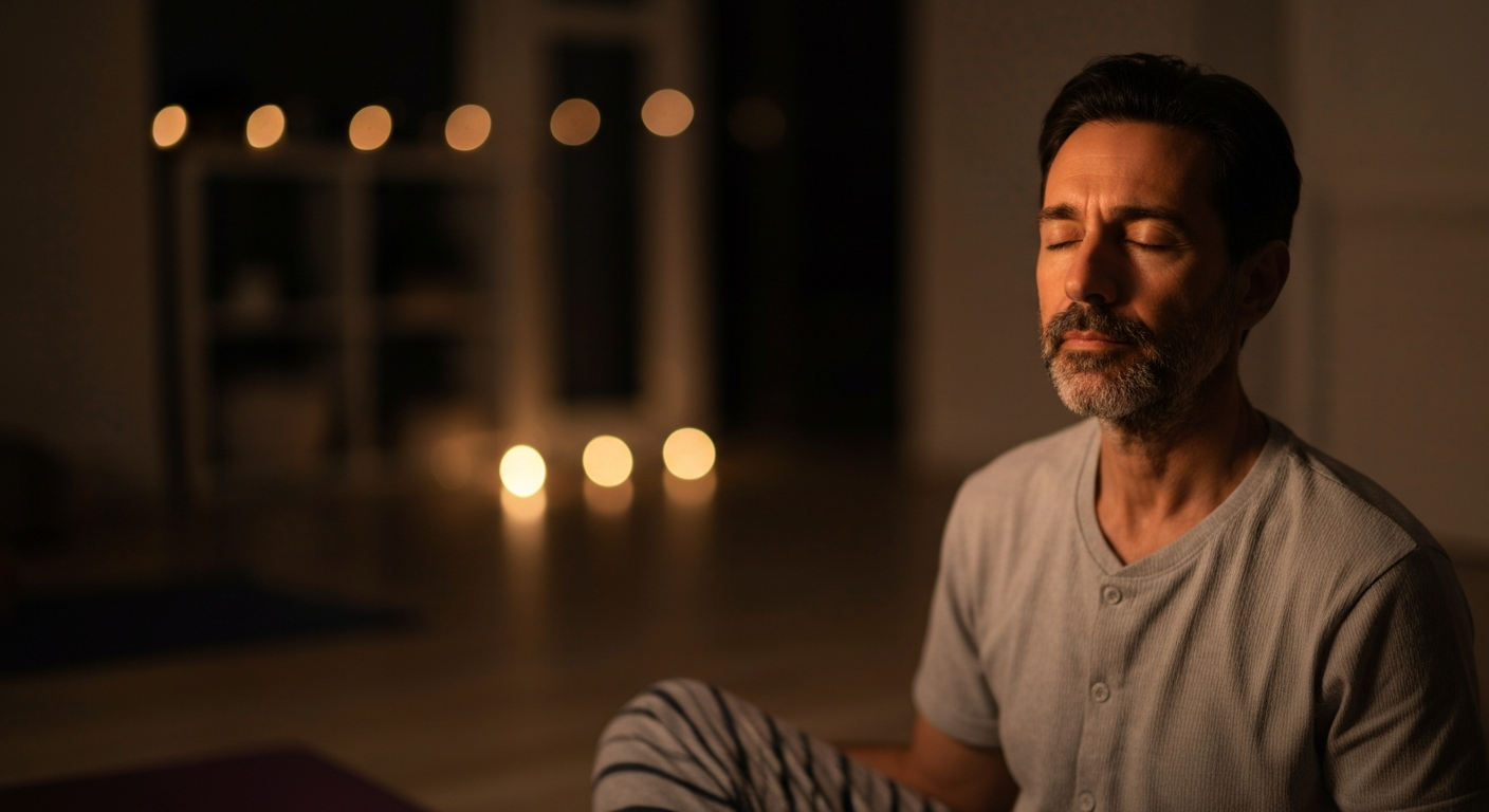 Person practicing deep breathing exercises for sleep with eyes closed in soft lighting
