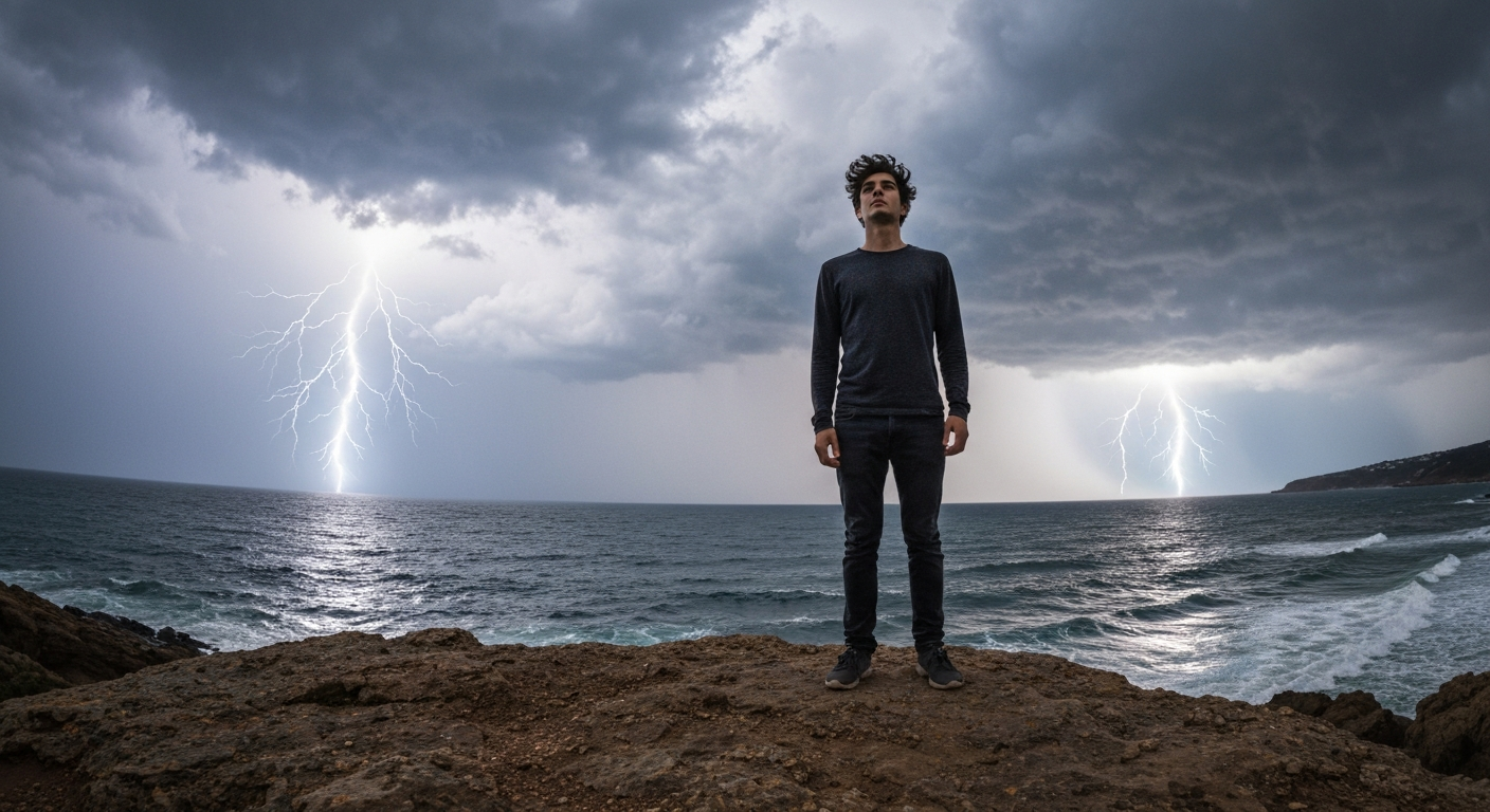A lone figure standing calmly on a cliff overlooking a dramatic stormy sea
