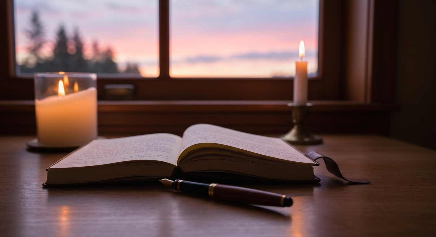 Leather-bound journal open on a desk with fountain pen in warm candlelight
