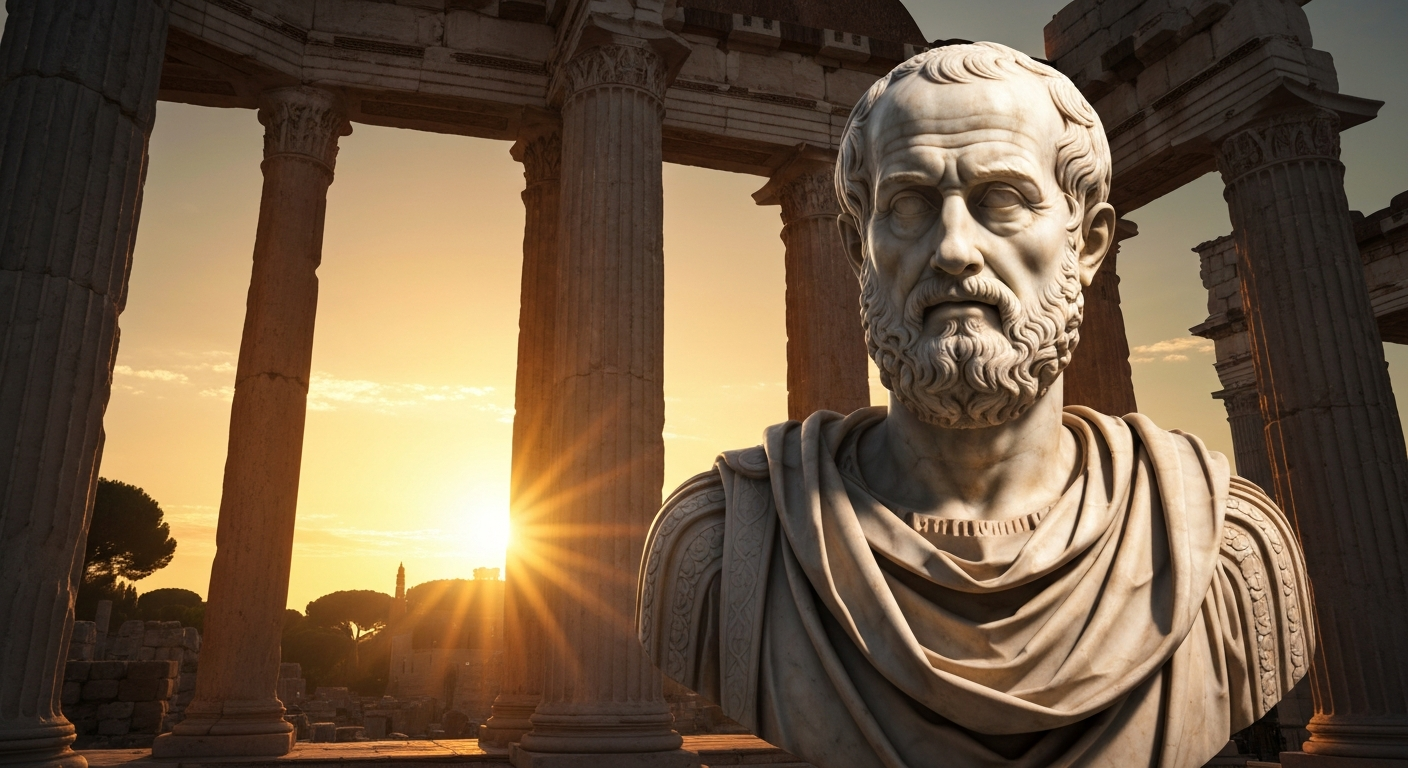Dramatic marble bust of a Roman philosopher against sunrise over Roman columns