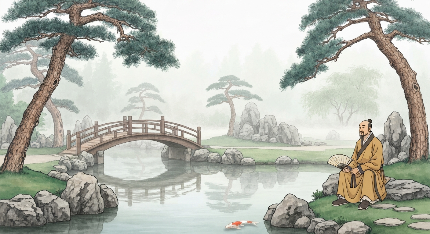 Peaceful Chinese garden with wooden bridge over koi pond, ancient pine trees, and morning mist