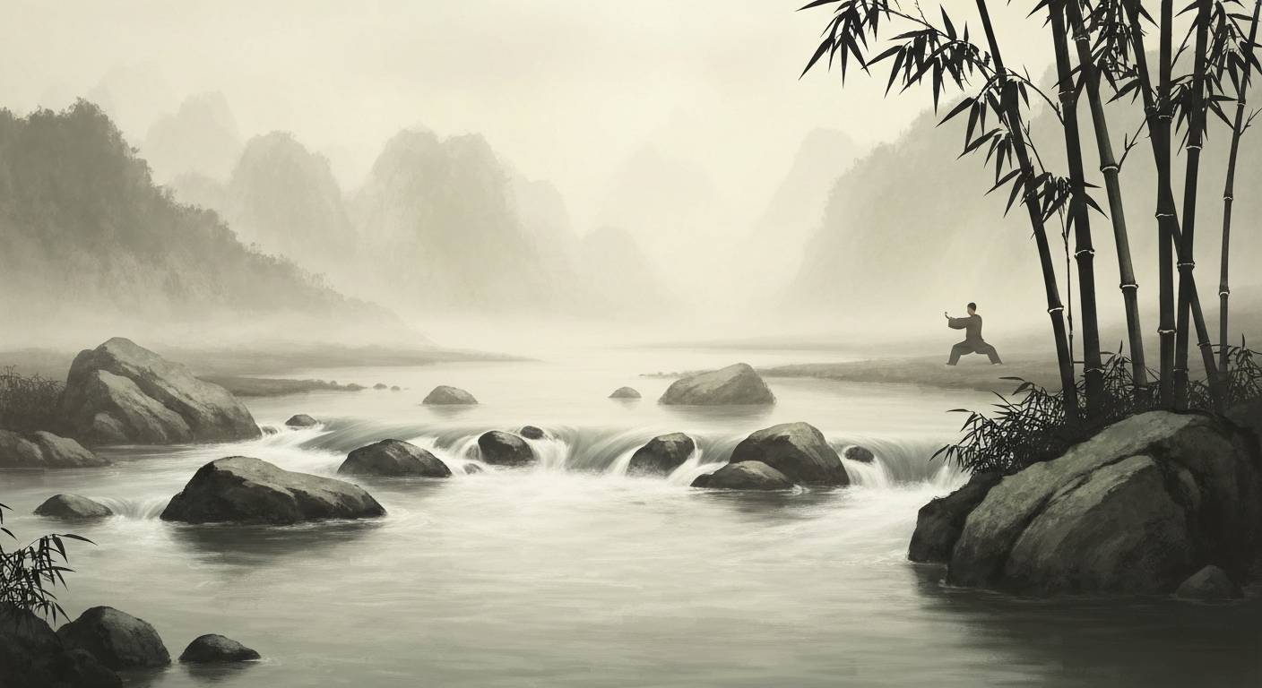 Serene Chinese ink wash painting of flowing water around smooth rocks with bamboo and misty mountains