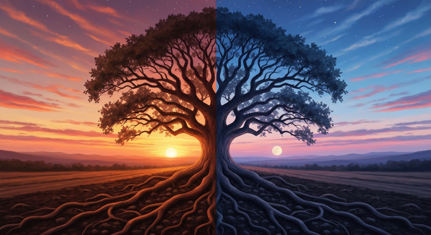 Artistic landscape blending dawn and dusk like a yin yang symbol with an ancient tree at center