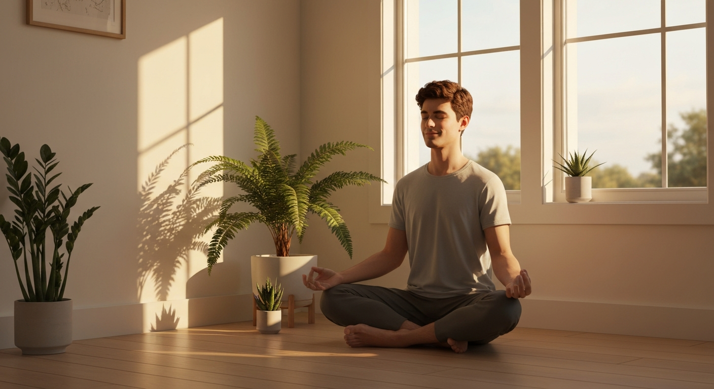 Person practicing Transcendental Meditation in a peaceful sunlit room