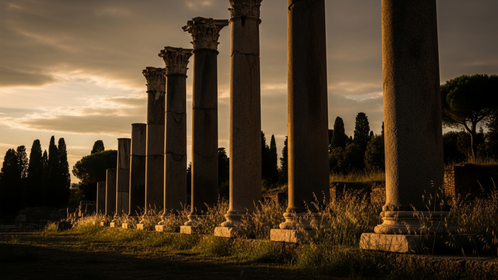Weathered classical Roman marble columns at golden hour, ancient stone architecture with dramatic sky