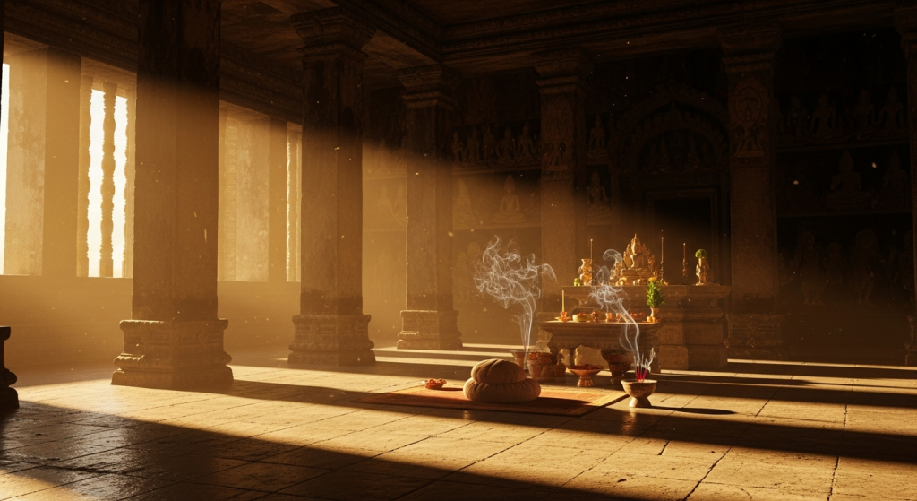 Ancient temple meditation space with golden light