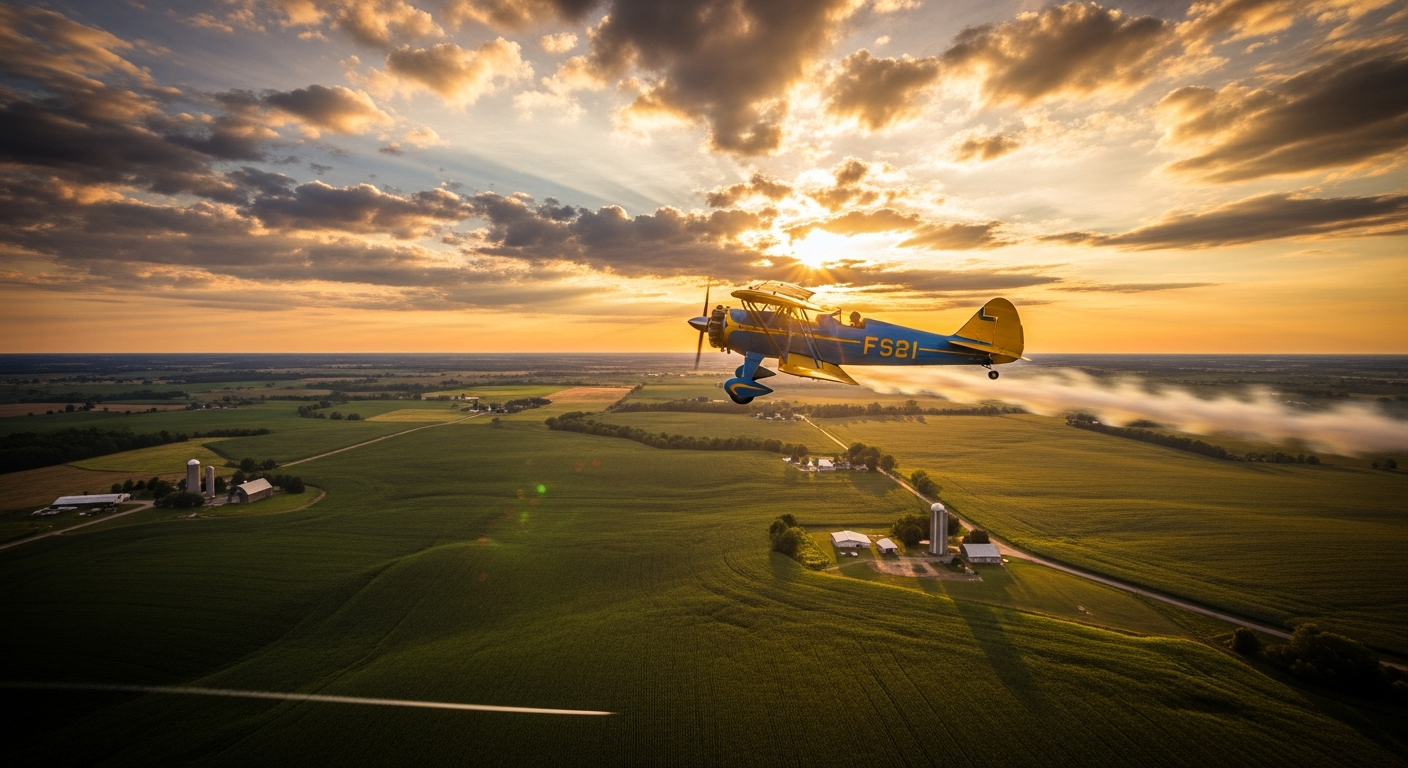 Vintage biplane flying through golden sunset clouds