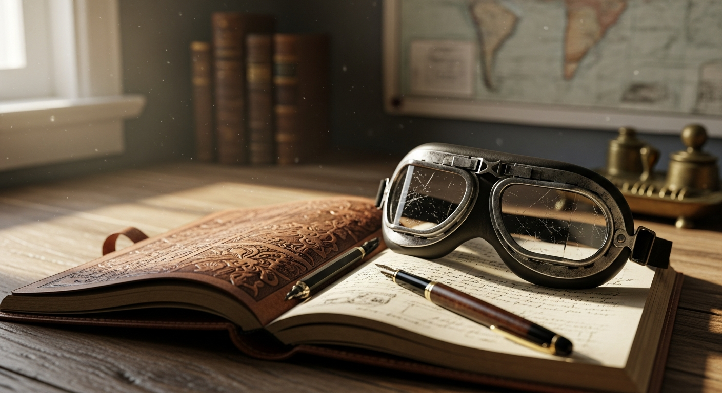 Writer's desk with aviator goggles and leather journal