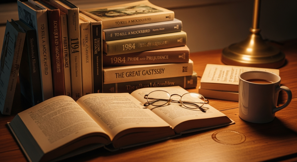 Collection of well-worn paperback books in warm light