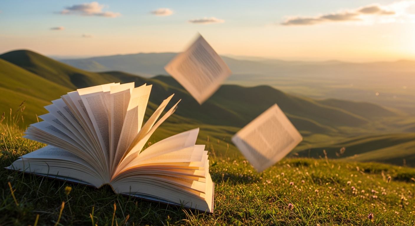 Open book pages fluttering in wind on grassy hillside