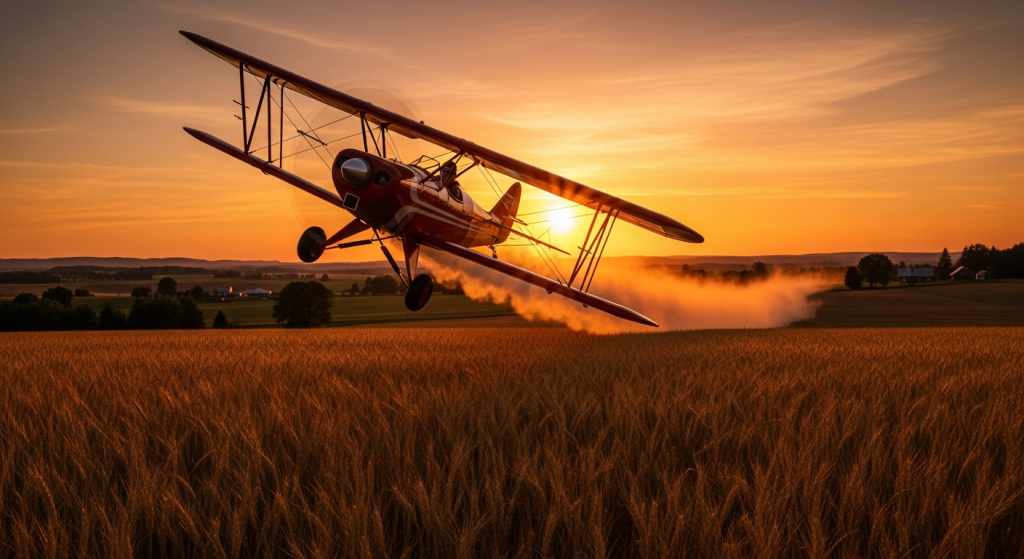 Barnstorming biplane over golden wheat field at sunset