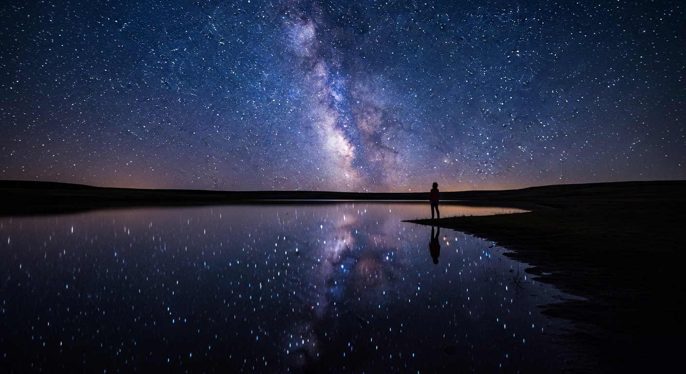 Starry night sky reflected in still prairie lake