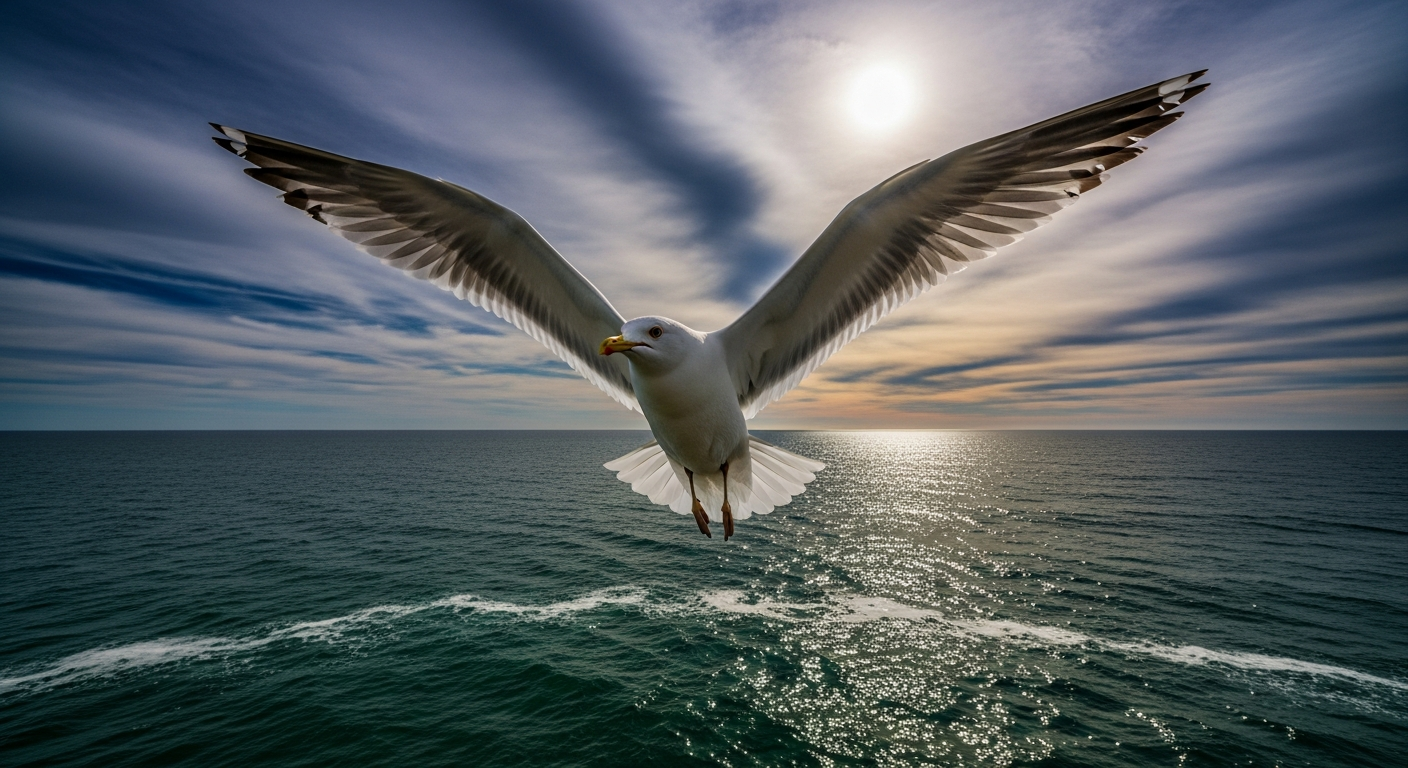 White seagull soaring against dramatic blue sky