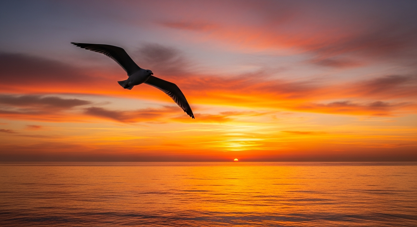 Seagull silhouetted against ocean sunset