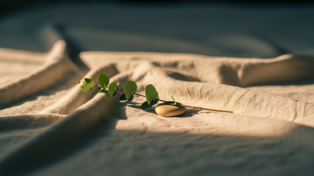 Soft cream linen fabric in morning sunlight with eucalyptus and a smooth stone — a still embodied scene