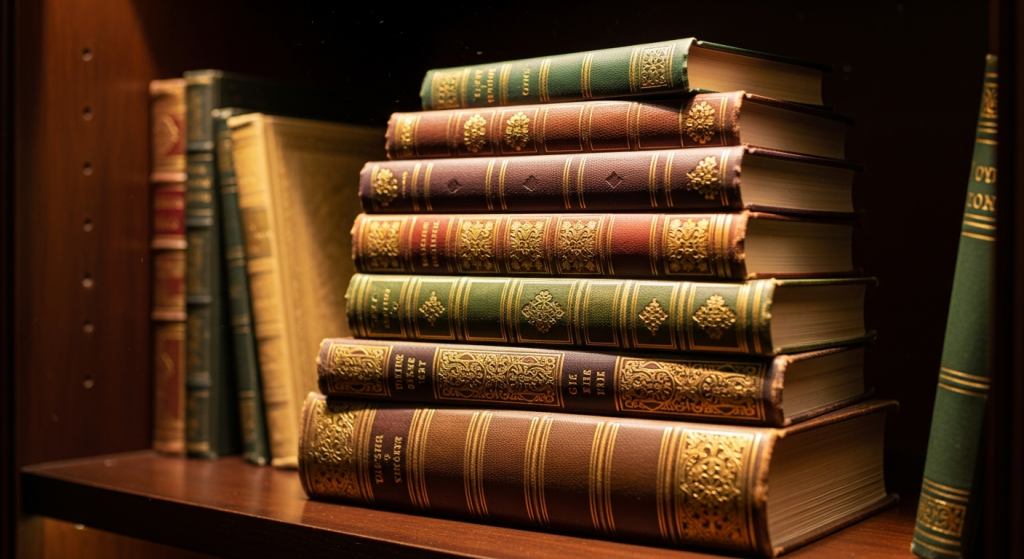 Stack of antique books on dark wood shelf