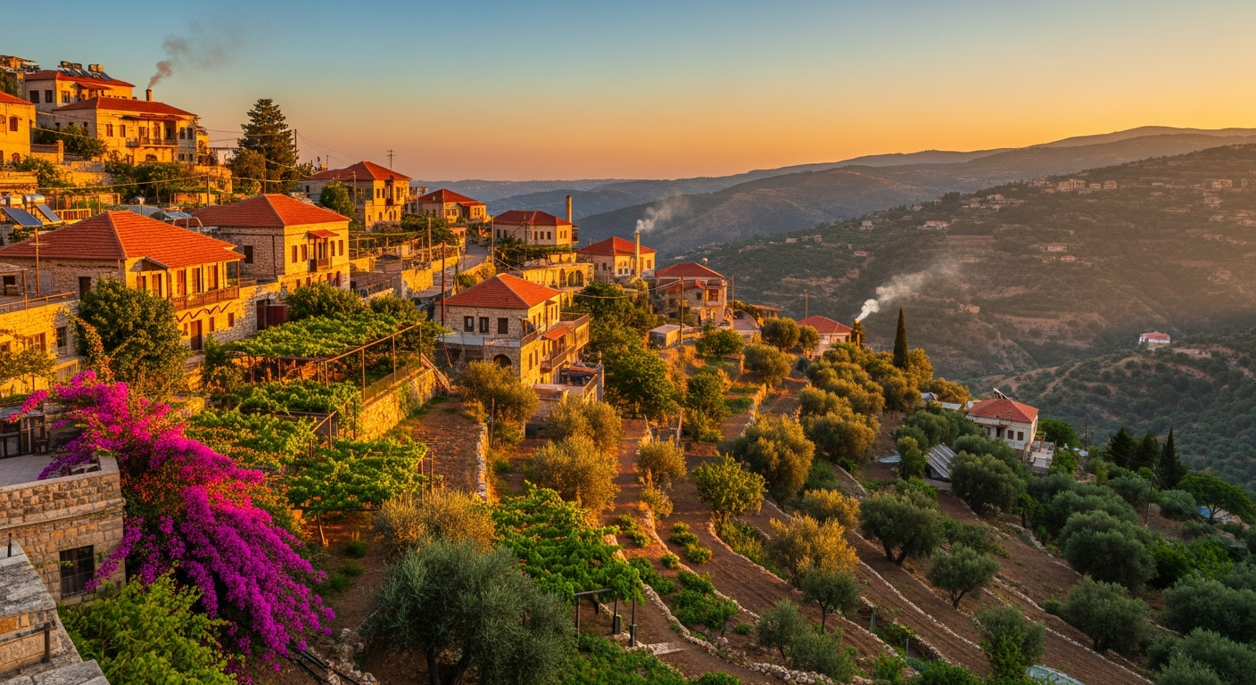 Lebanese mountain village at sunset