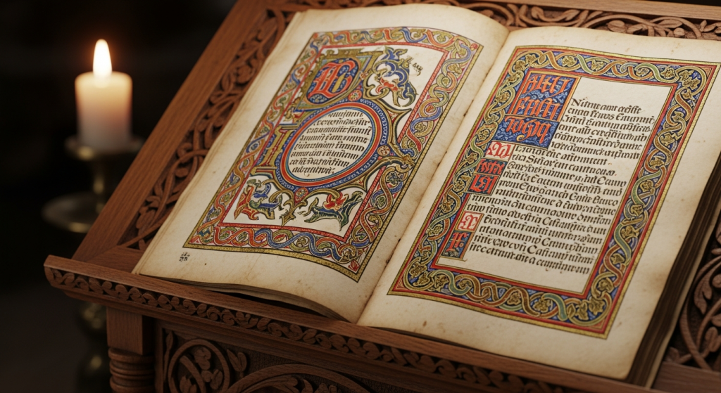 Ancient manuscript with illuminated calligraphy by candlelight