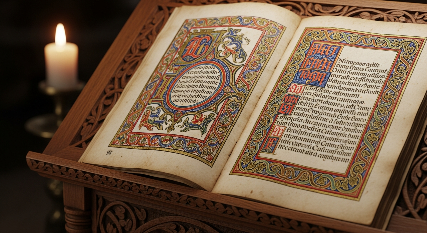 Ancient manuscript with illuminated calligraphy by candlelight