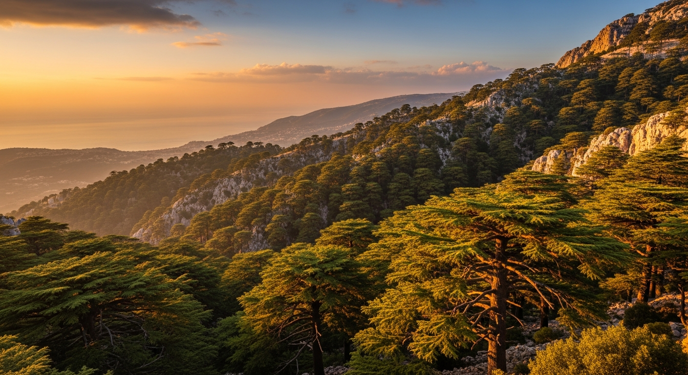 Lebanese cedar forest on mountainside with Mediterranean view