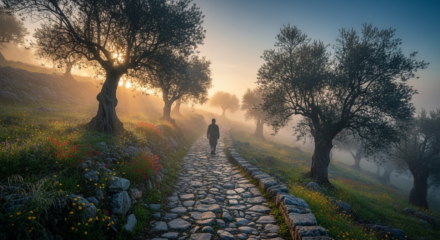 Solitary figure walking along ancient stone path at dawn