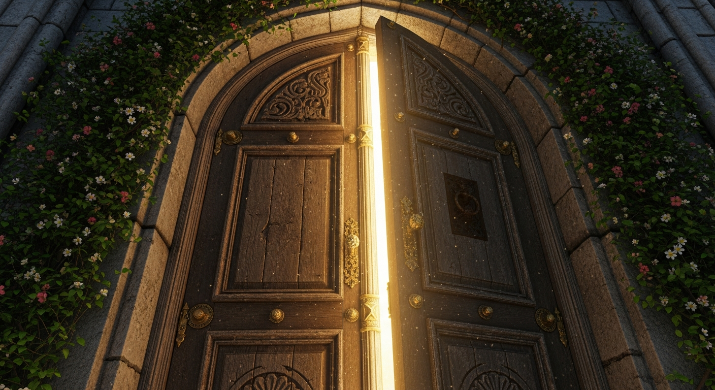 Ornate antique door ajar with golden light streaming through