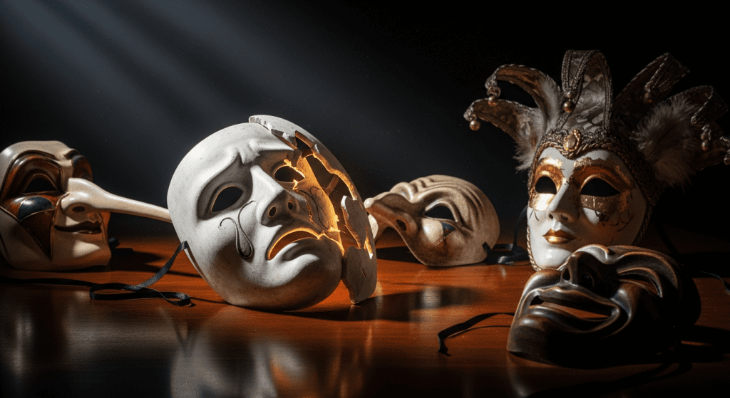 Dramatic theatrical masks on dark surface with moody lighting