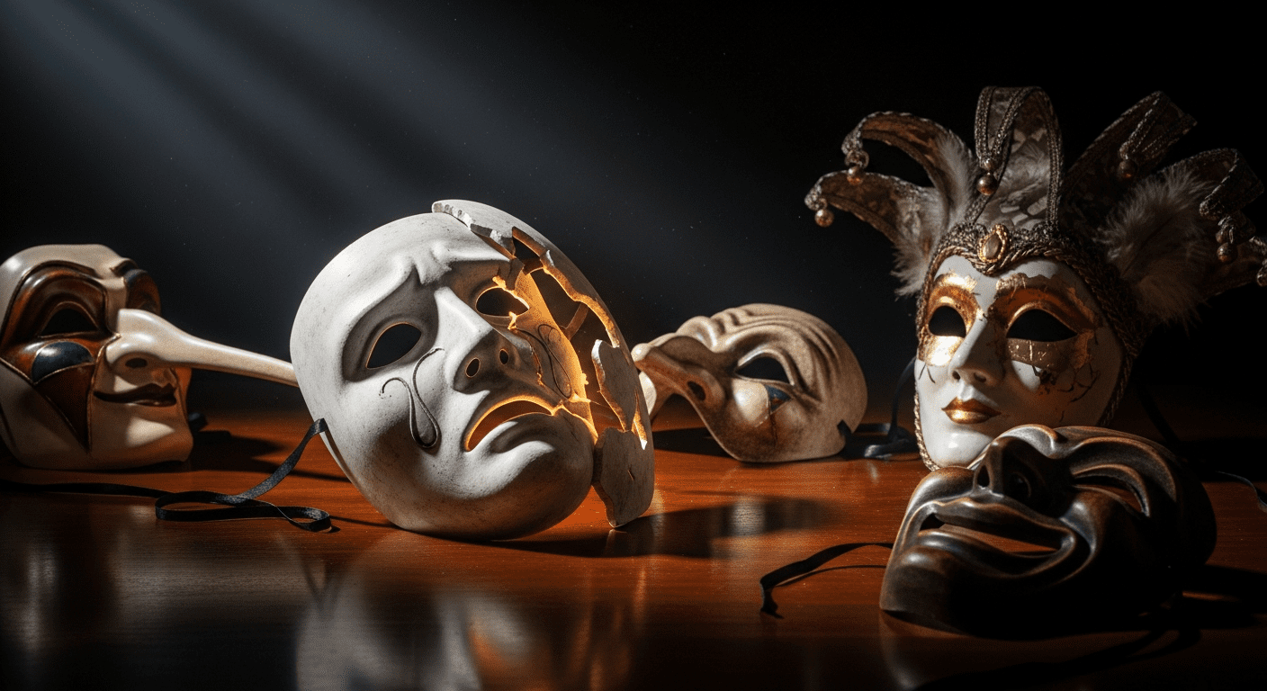 Dramatic theatrical masks on dark surface with moody lighting