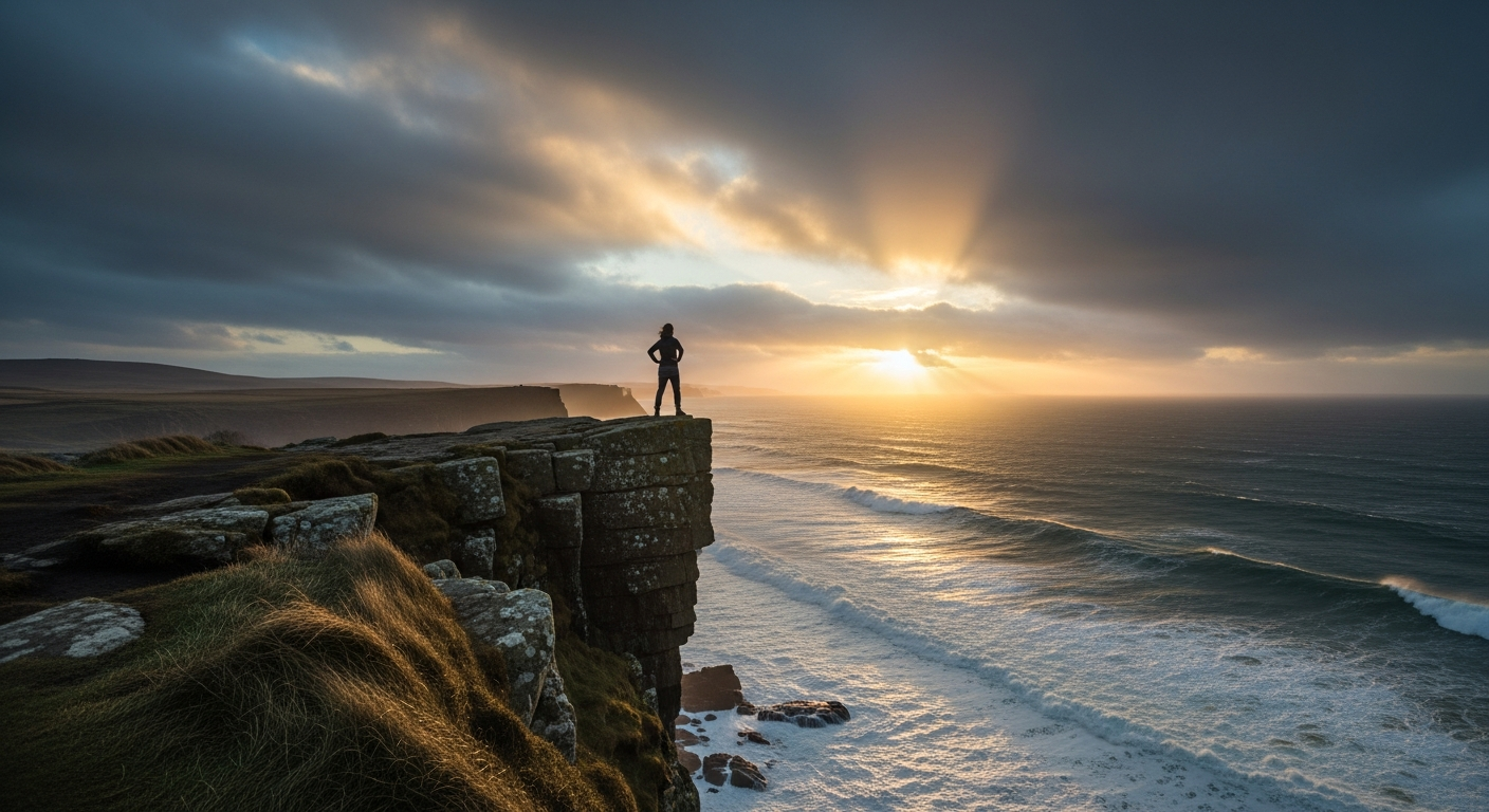 Figure standing at cliff edge overlooking stormy sea at sunset