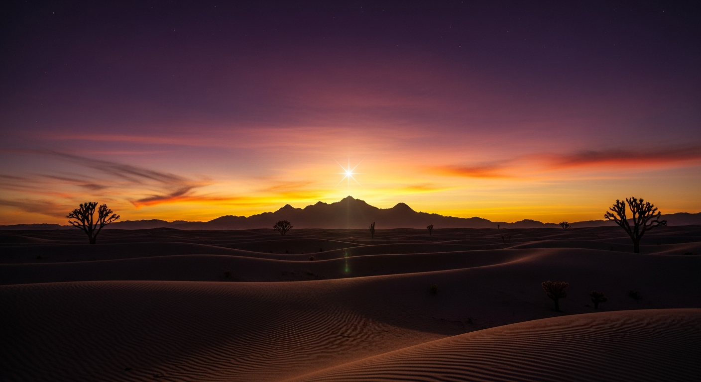 Mystical desert landscape at twilight with bright star above mountains