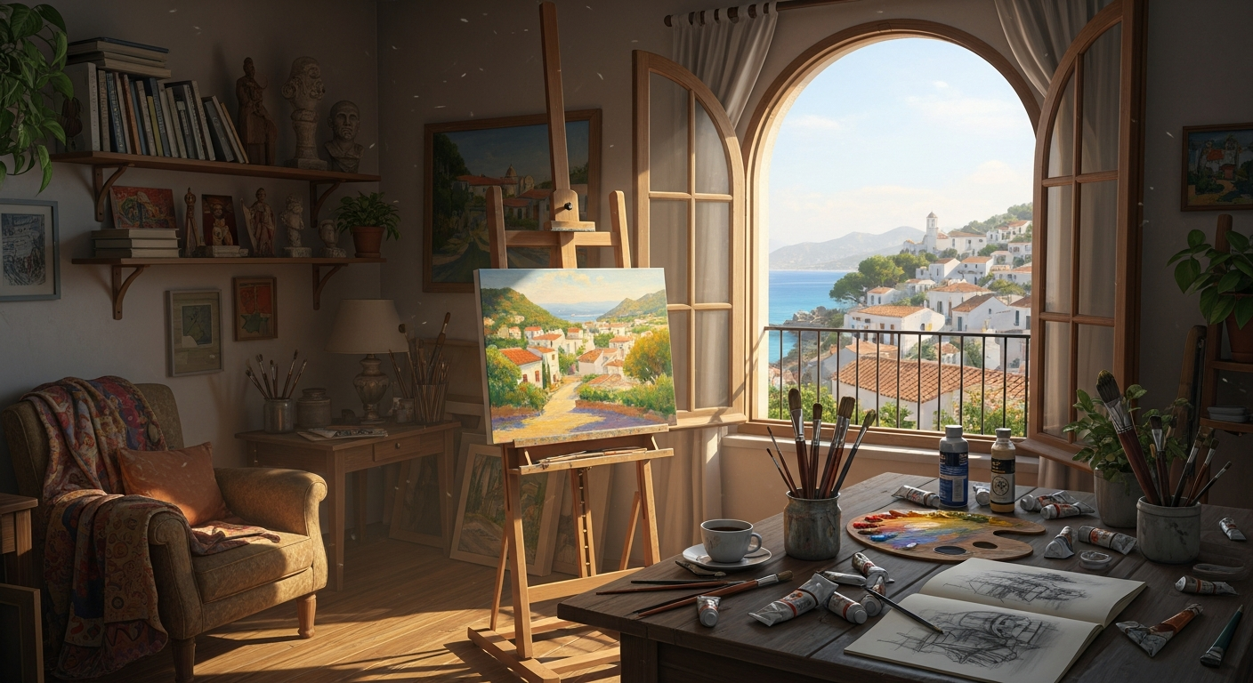Artist studio with easel near arched window overlooking coastal village