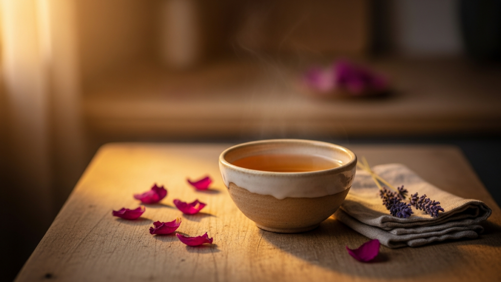 A small ceramic bowl of warm golden tea in late-afternoon light with rose petals — a tender still-life scene