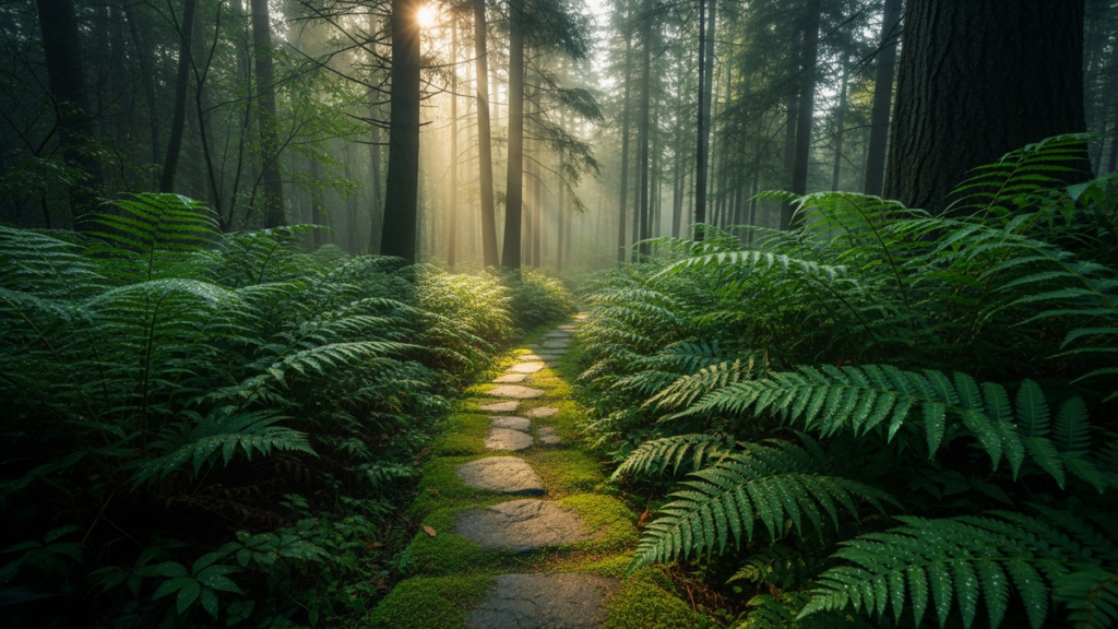 A quiet forest path at early morning with sunlight filtering through trees and dewdrops on ferns